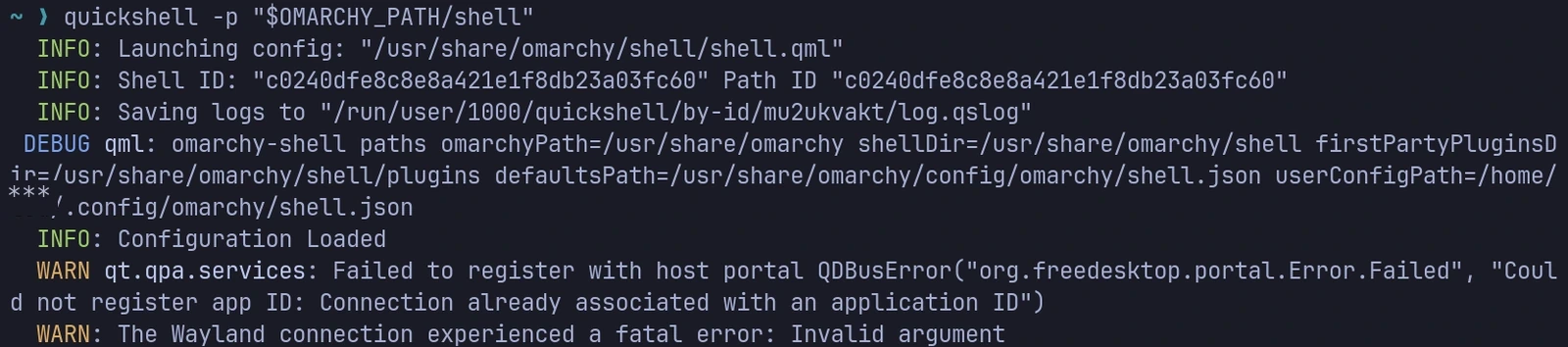 Quickshell loads the Omarchy configuration, then loses its Wayland connection.
