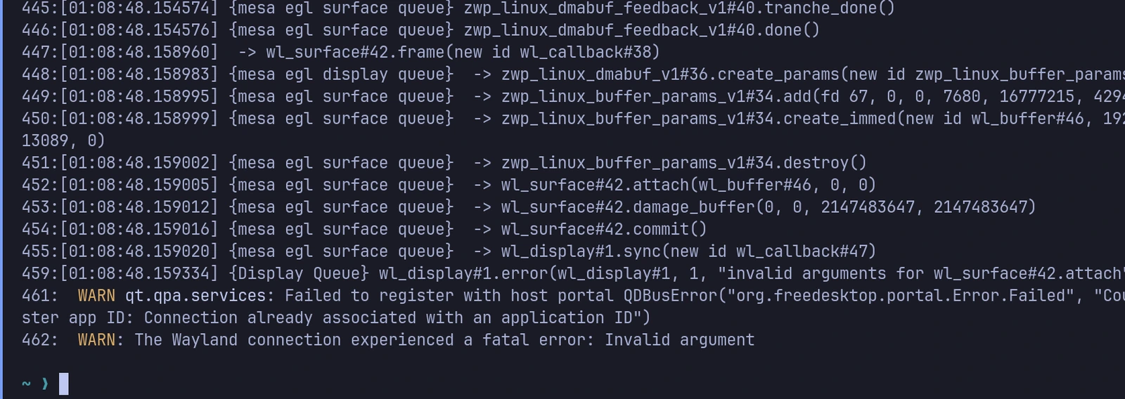 The Wayland trace reaches wl_surface.attach, then shows an “invalid arguments” error.
